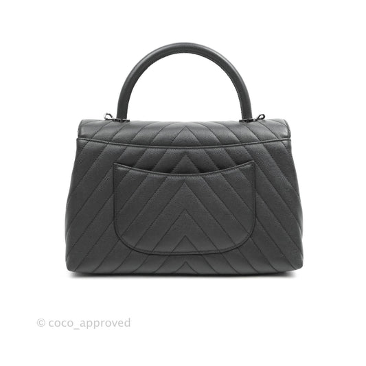 Chanel Medium (Small) Coco Handle Chevron Dark Grey Caviar Black Hardware