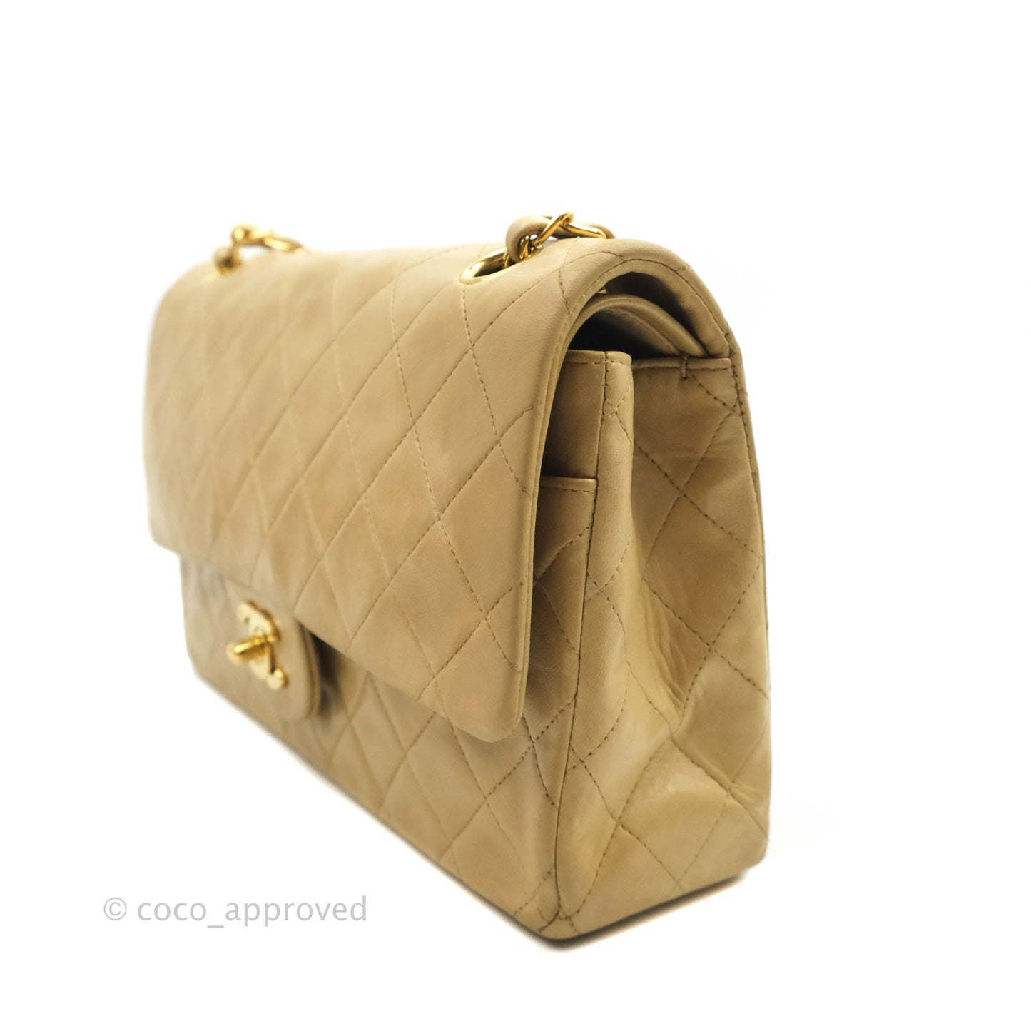 Chanel Vintage Classic M/L Medium Double Flap Bag Beige Lambskin 24K Gold Hardware