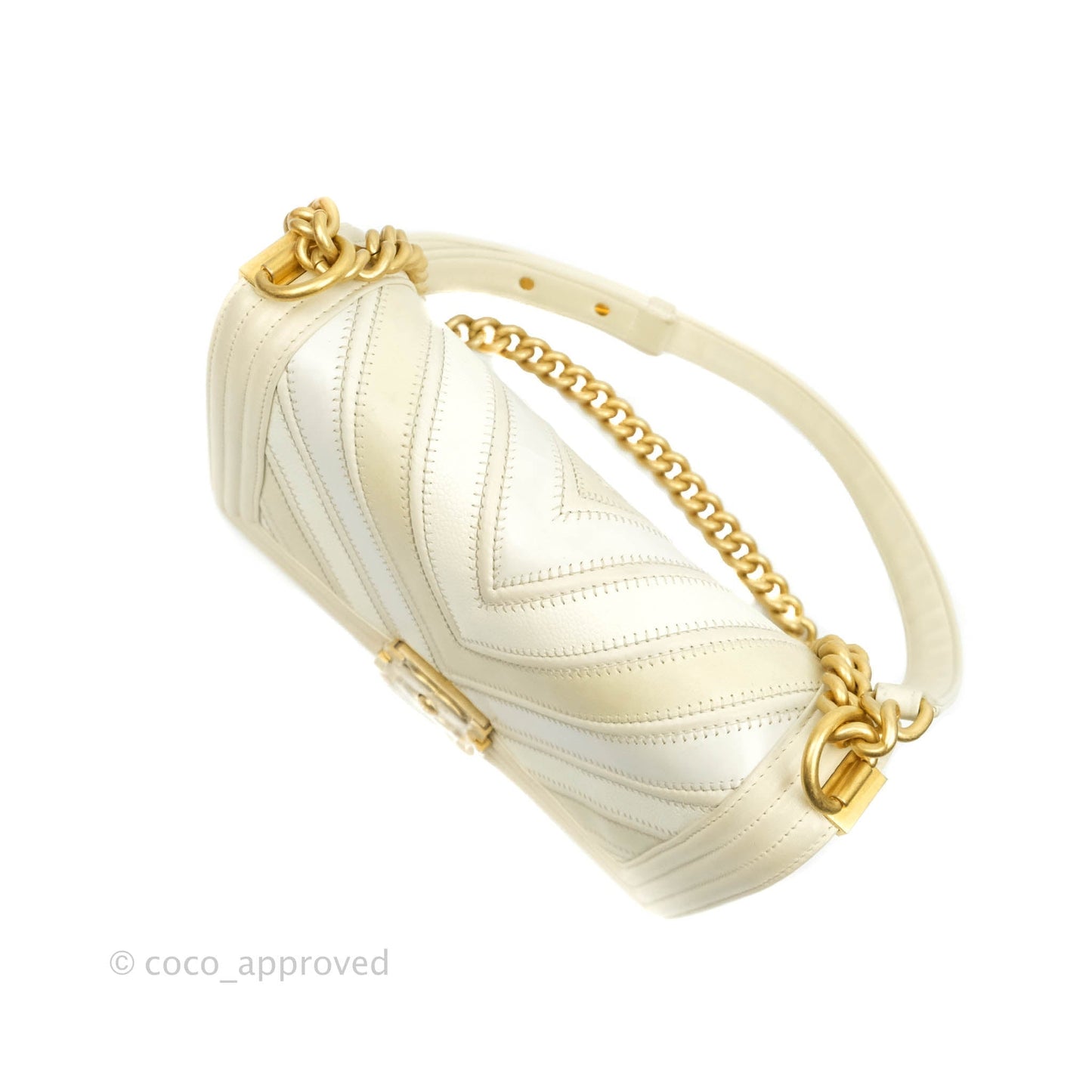 Chanel Medium Chevron Boy Light Beige Calfskin Caviar Aged Gold Hardware