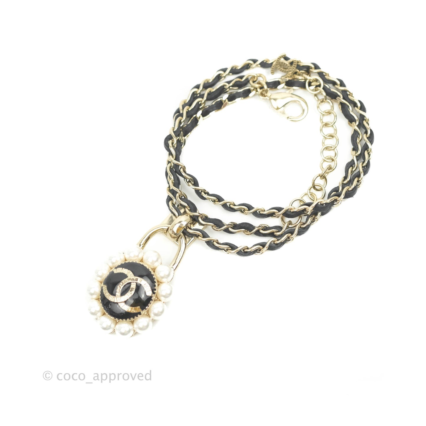 Chanel Necklace Choker Pearl Pendant Light Gold With Leather 21A