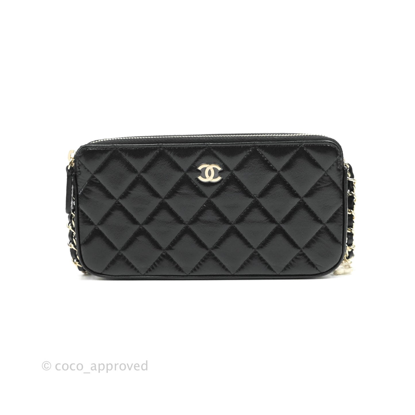 Chanel Pearl Charm Clutch With Chain Black Shiny Calfskin Gold Hardware