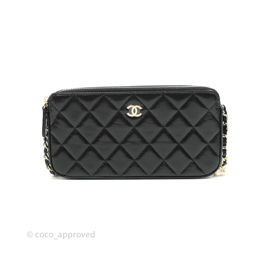Chanel Pearl Charm Clutch With Chain Black Shiny Calfskin Gold Hardware