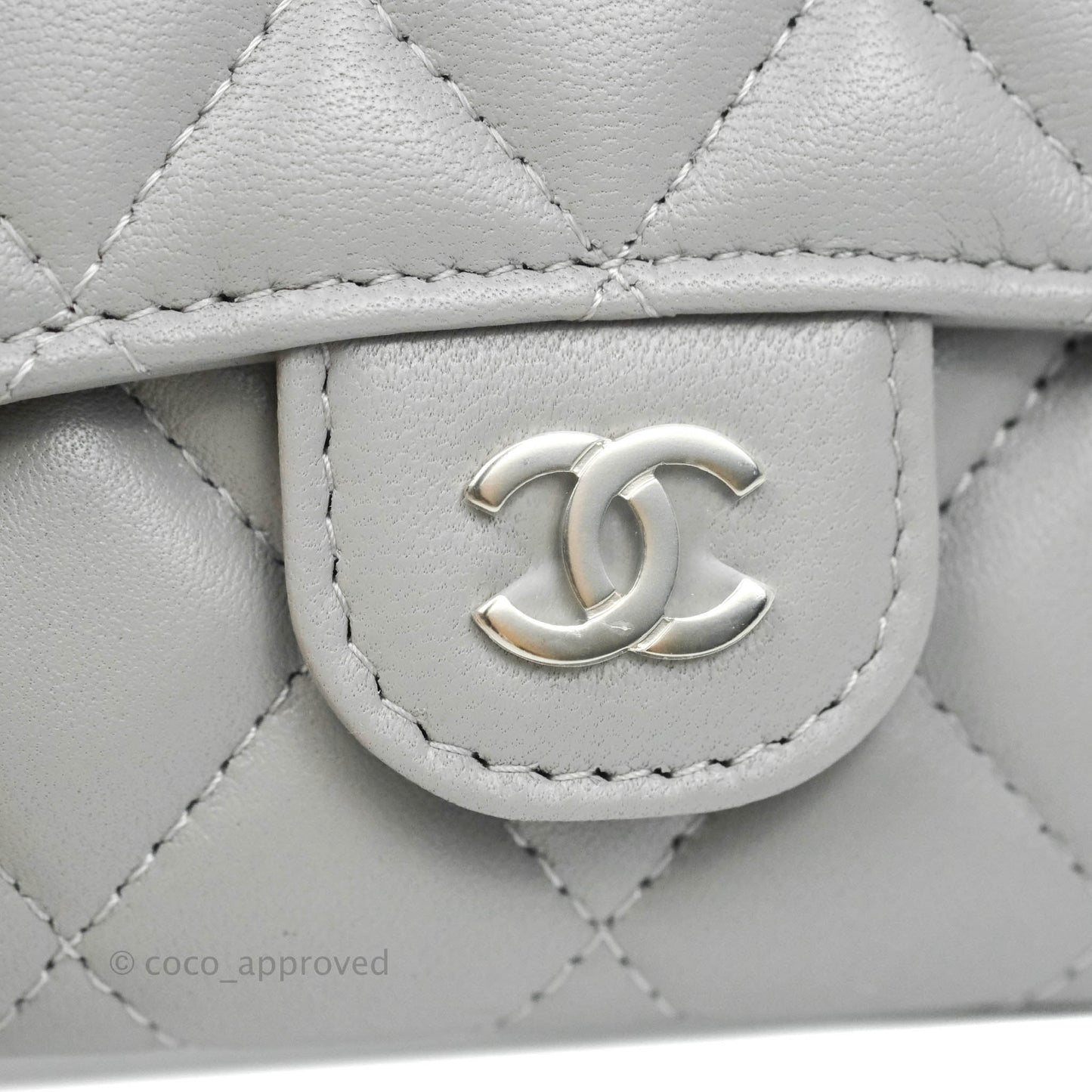 Chanel Quilted Flap Card Holder Grey Lambskin Silver Hardware