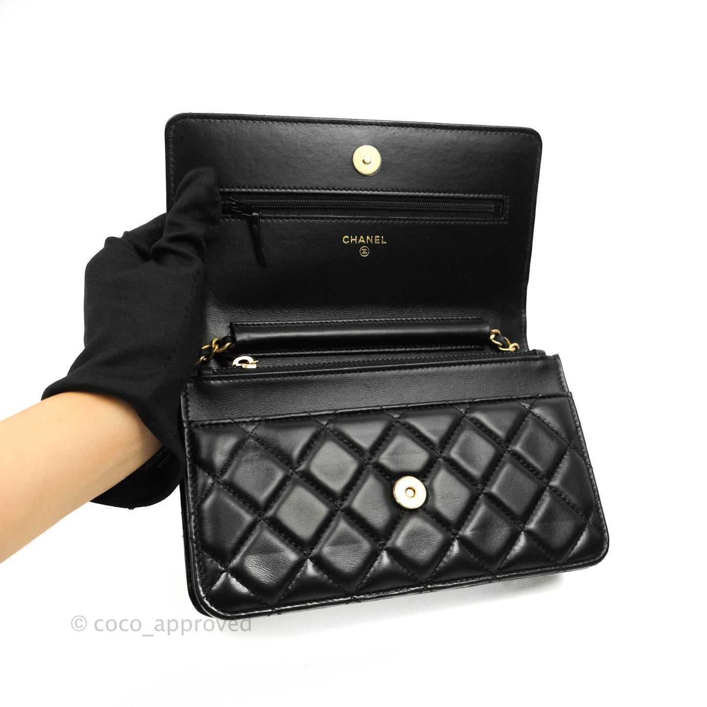 Chanel Quilted Wallet on Chain WOC Chain Around Black Lambskin Aged Gold Hardware