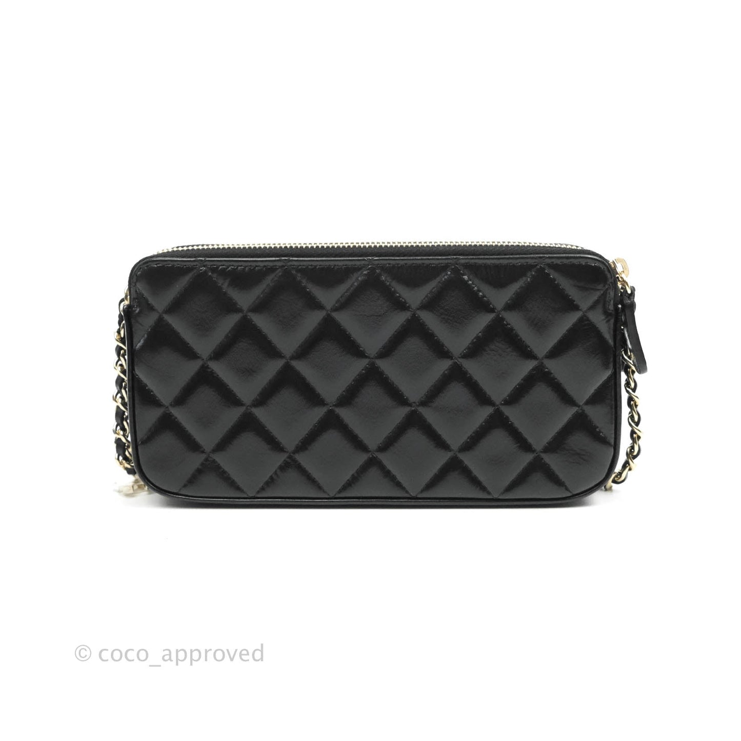 Chanel Pearl Charm Clutch With Chain Black Shiny Calfskin Gold Hardware