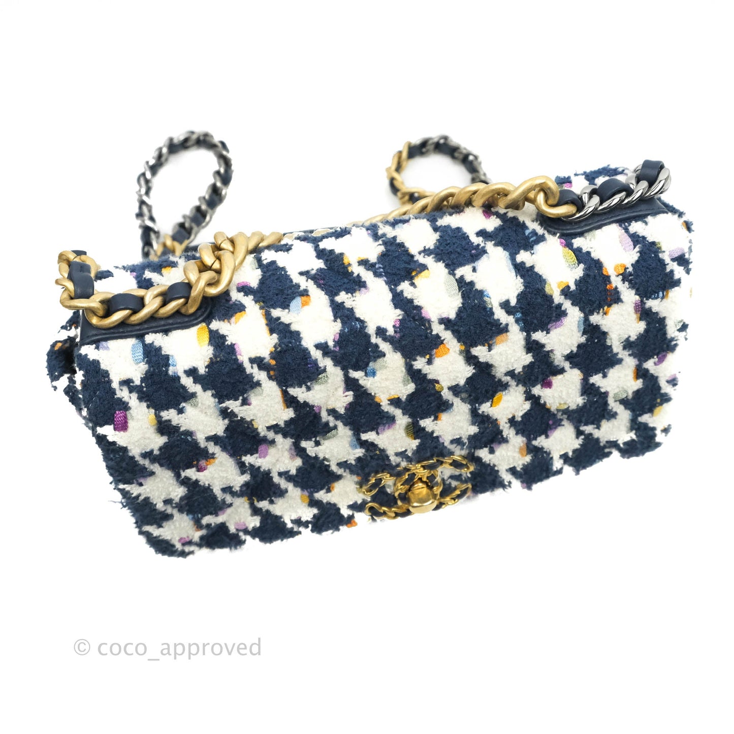 Chanel 19 Small Quilted Houndstooth Tweed Blue White Mixed Hardware