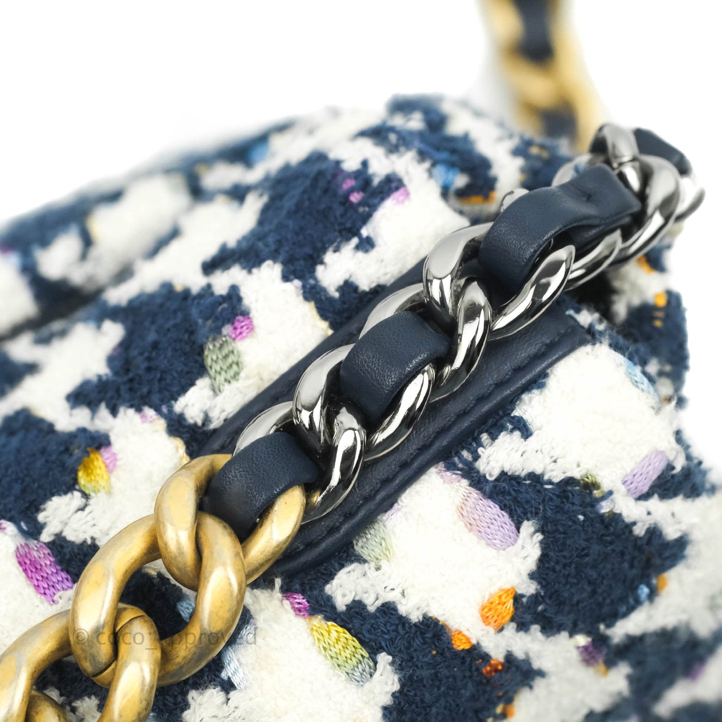 Chanel 19 Small Quilted Houndstooth Tweed Blue White Mixed Hardware