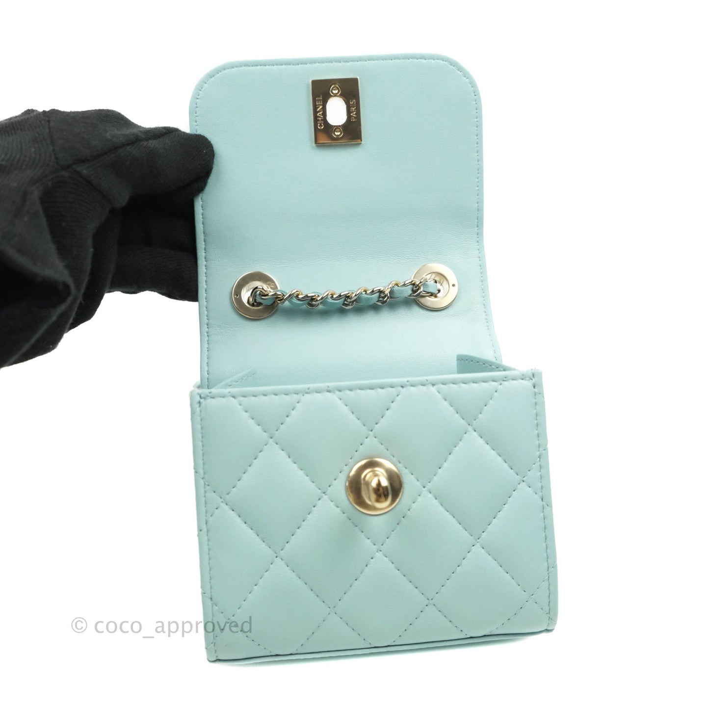 Chanel Mini Quilted Trendy CC Clutch With Chain Tiffany Blue Lambskin Gold Hardware