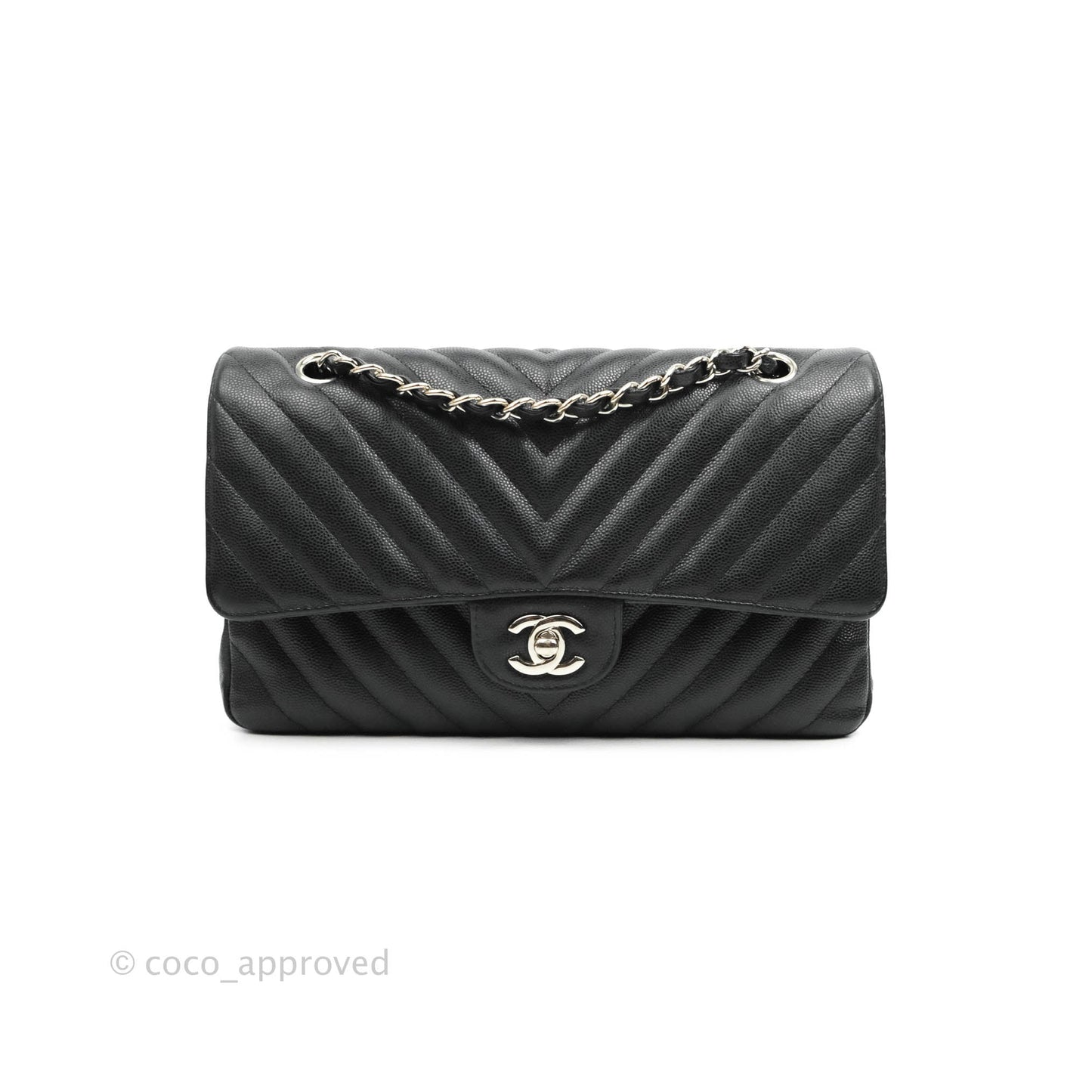 Chanel Classic M/L Medium Chevron Double Flap Black Caviar Silver Hardware