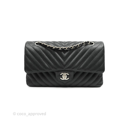 Chanel Classic M/L Medium Chevron Double Flap Black Caviar Silver Hardware
