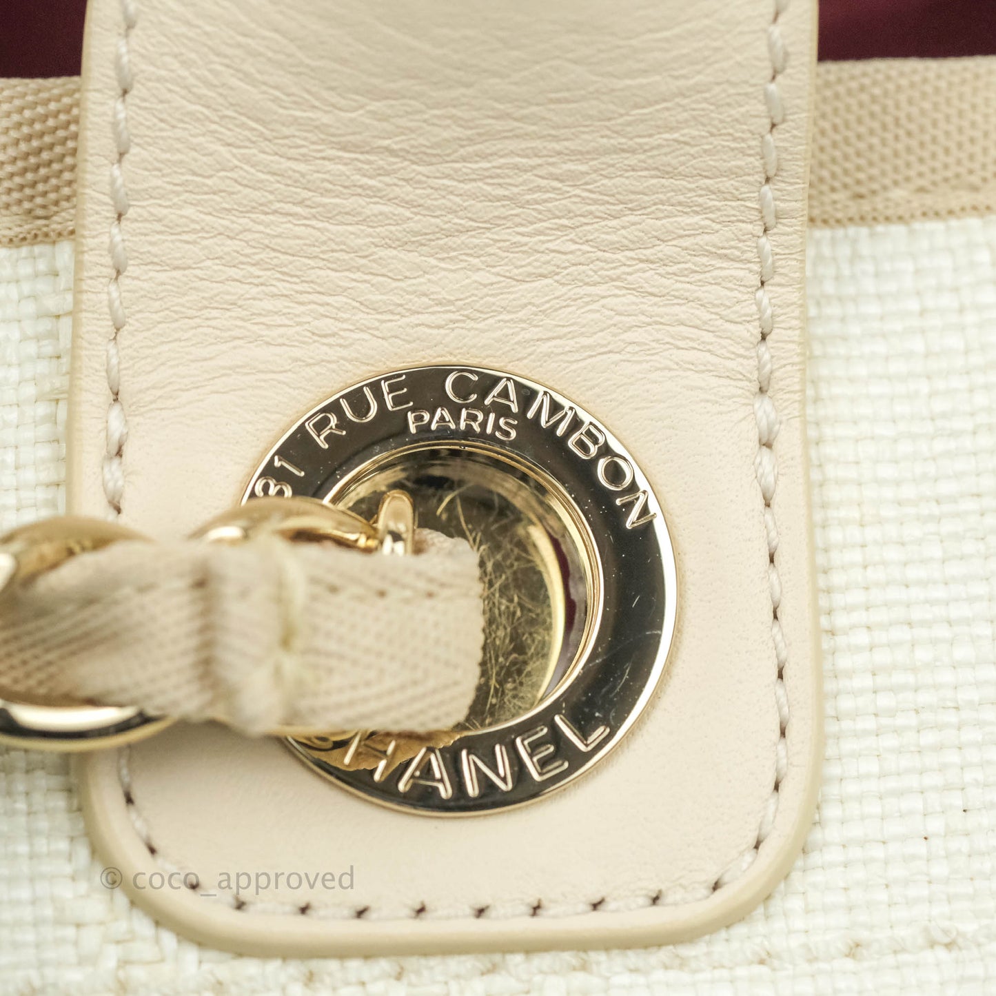 Chanel Large Deauville Light Beige Stripe Canvas Gold Hardware