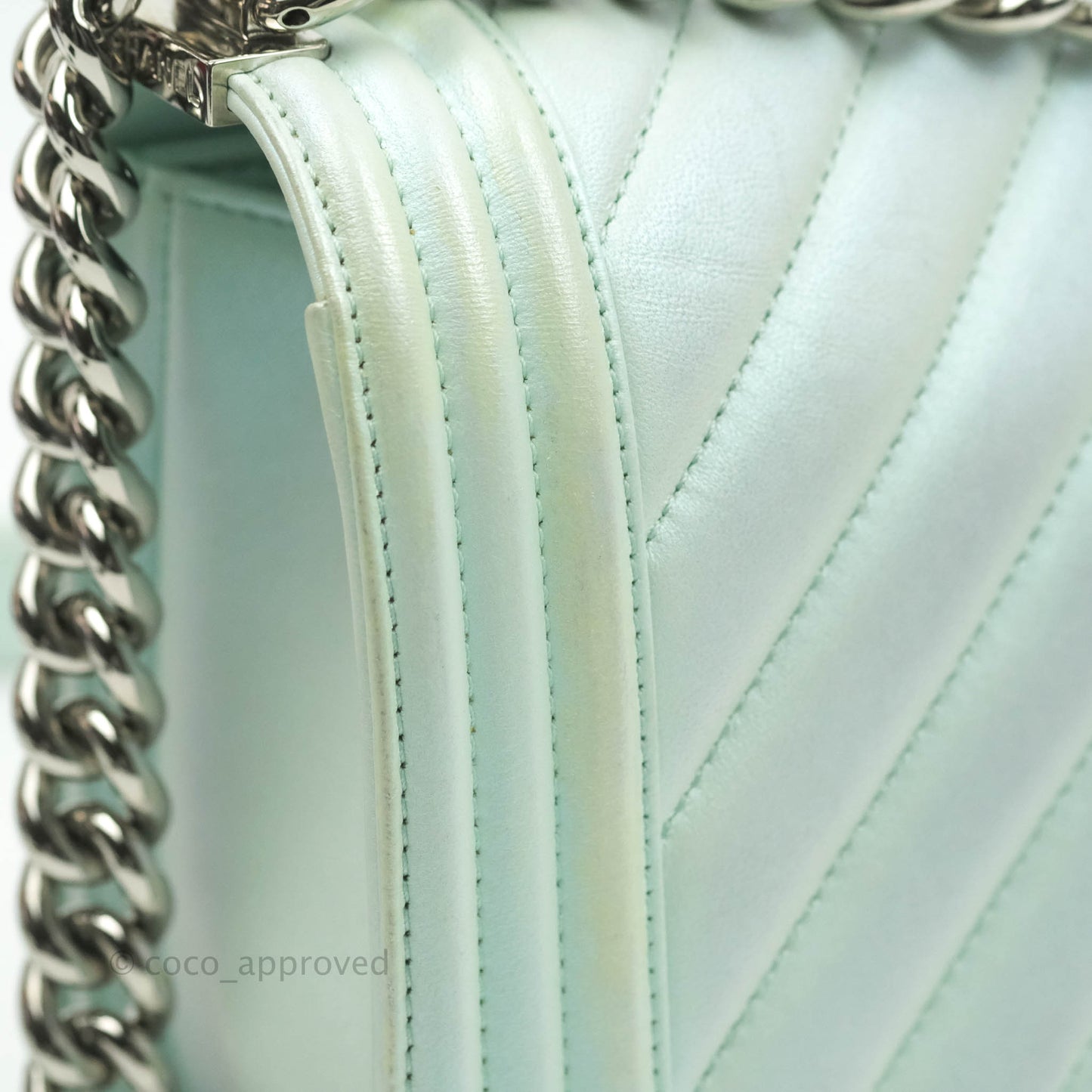 Chanel Medium Chevron Boy Iridescent Light Mint Calfskin Silver Hardware