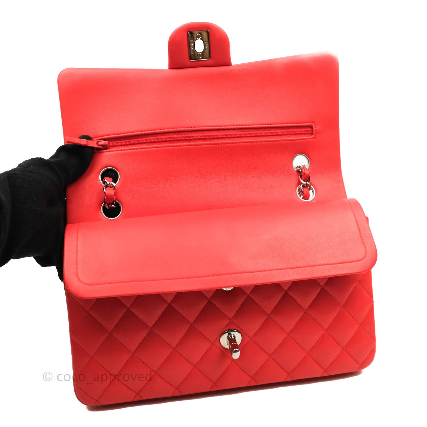 Chanel Classic M/L Medium Double Flap Poppy Red Lambskin Silver Hardware