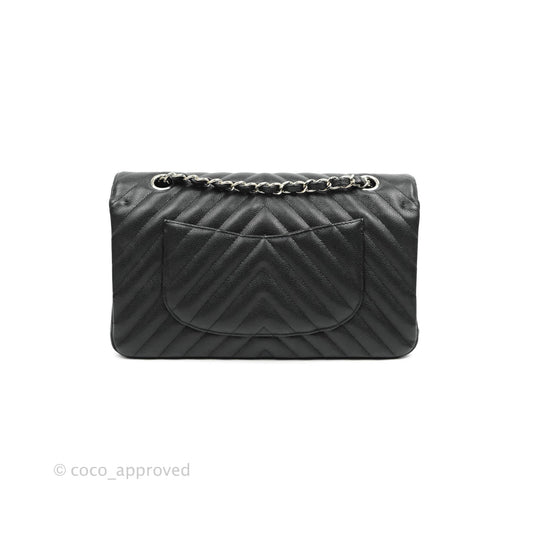 Chanel Classic M/L Medium Chevron Double Flap Black Caviar Silver Hardware