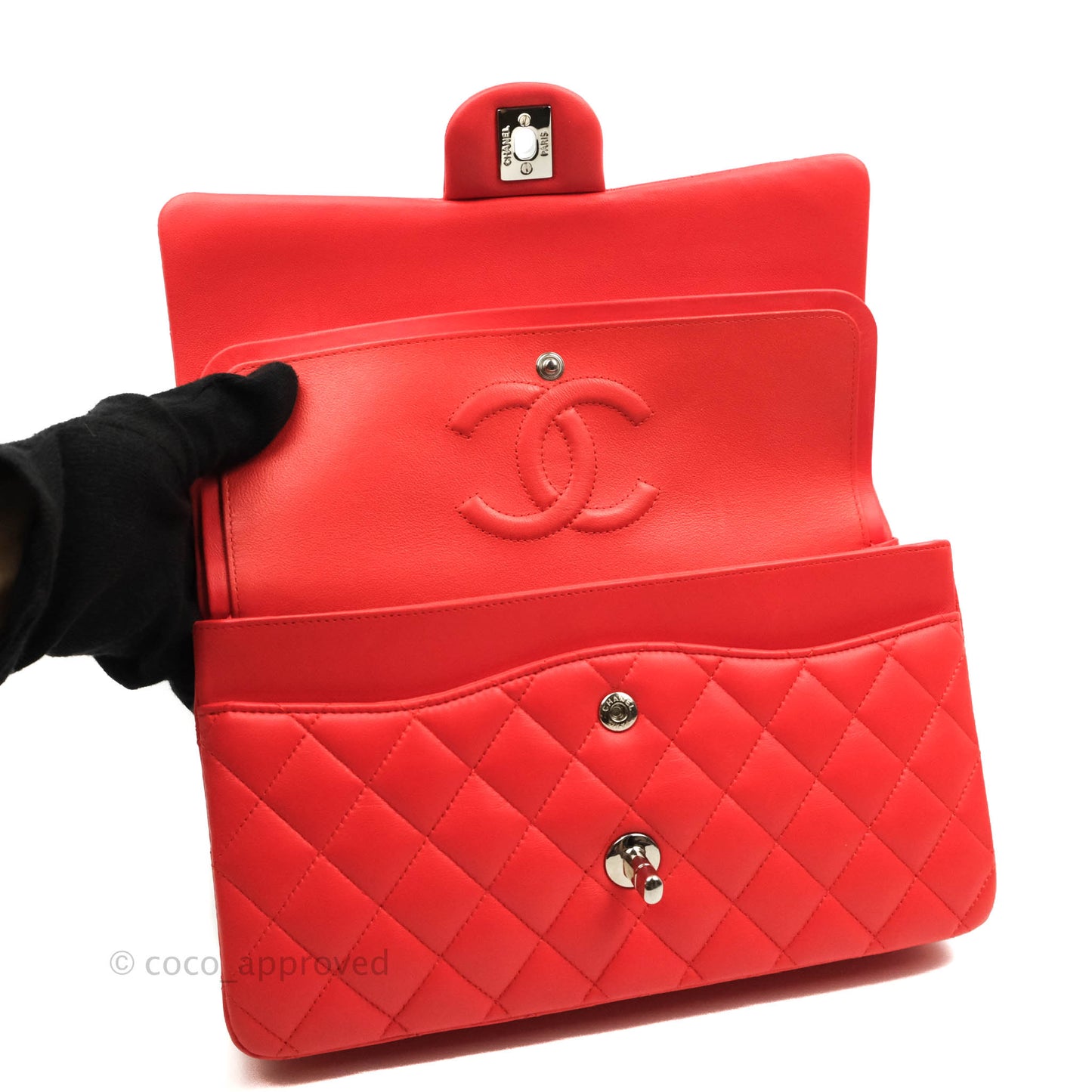 Chanel Classic M/L Medium Double Flap Poppy Red Lambskin Silver Hardware