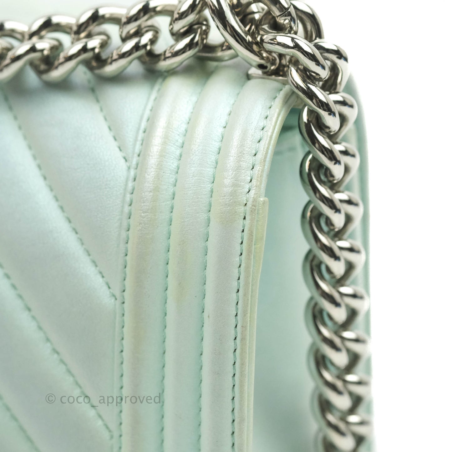 Chanel Medium Chevron Boy Iridescent Light Mint Calfskin Silver Hardware