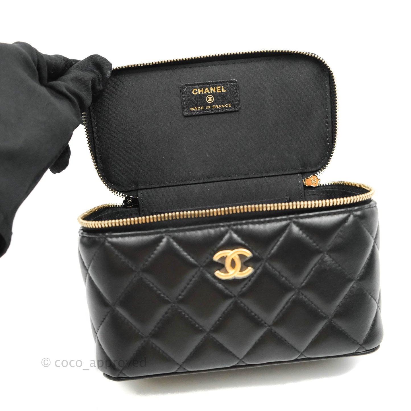Chanel Classic Vanity Rectangular Top Handle With Chain Black Lambskin Gold Hardware