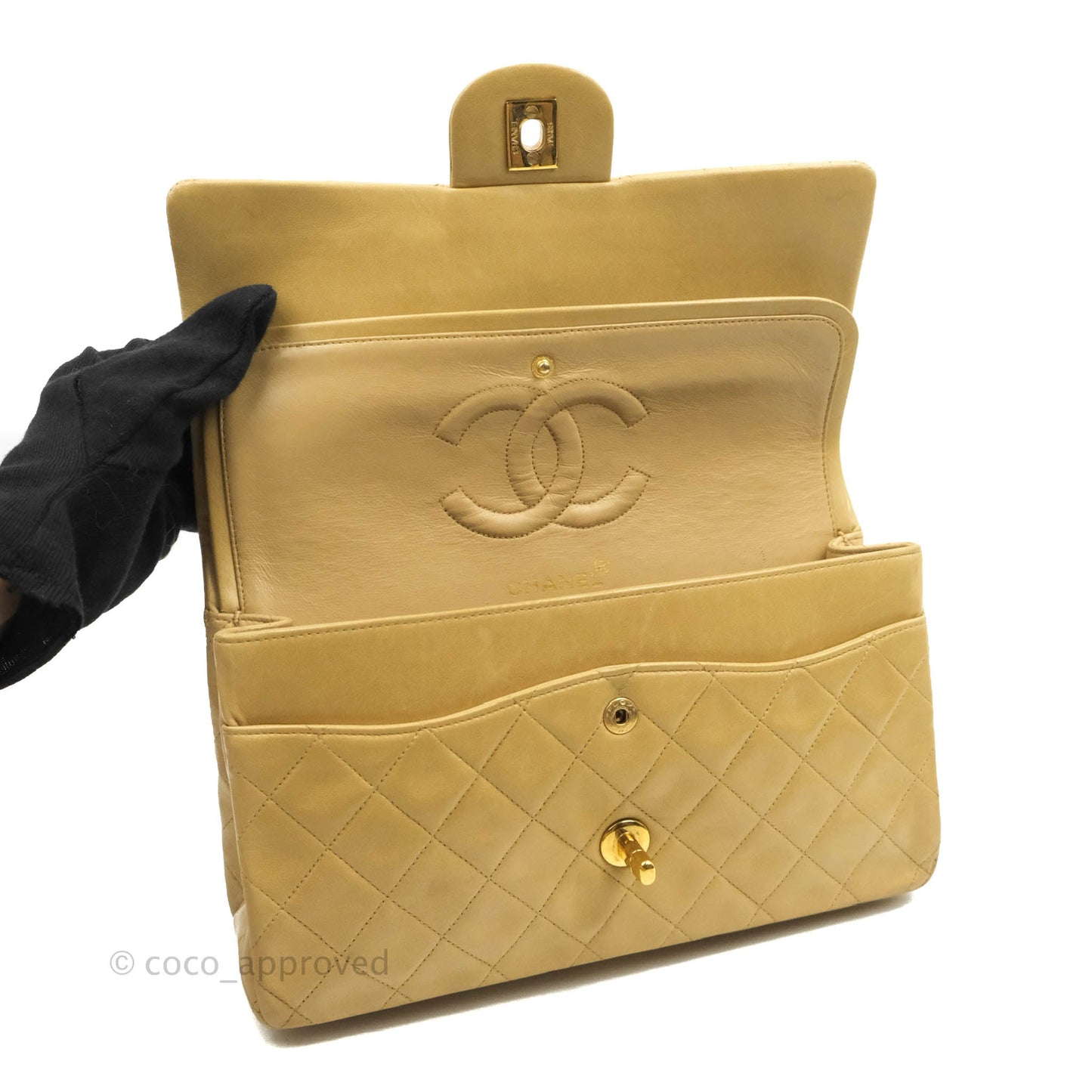 Chanel Vintage Classic M/L Medium Double Flap Bag Beige Lambskin 24K Gold Hardware