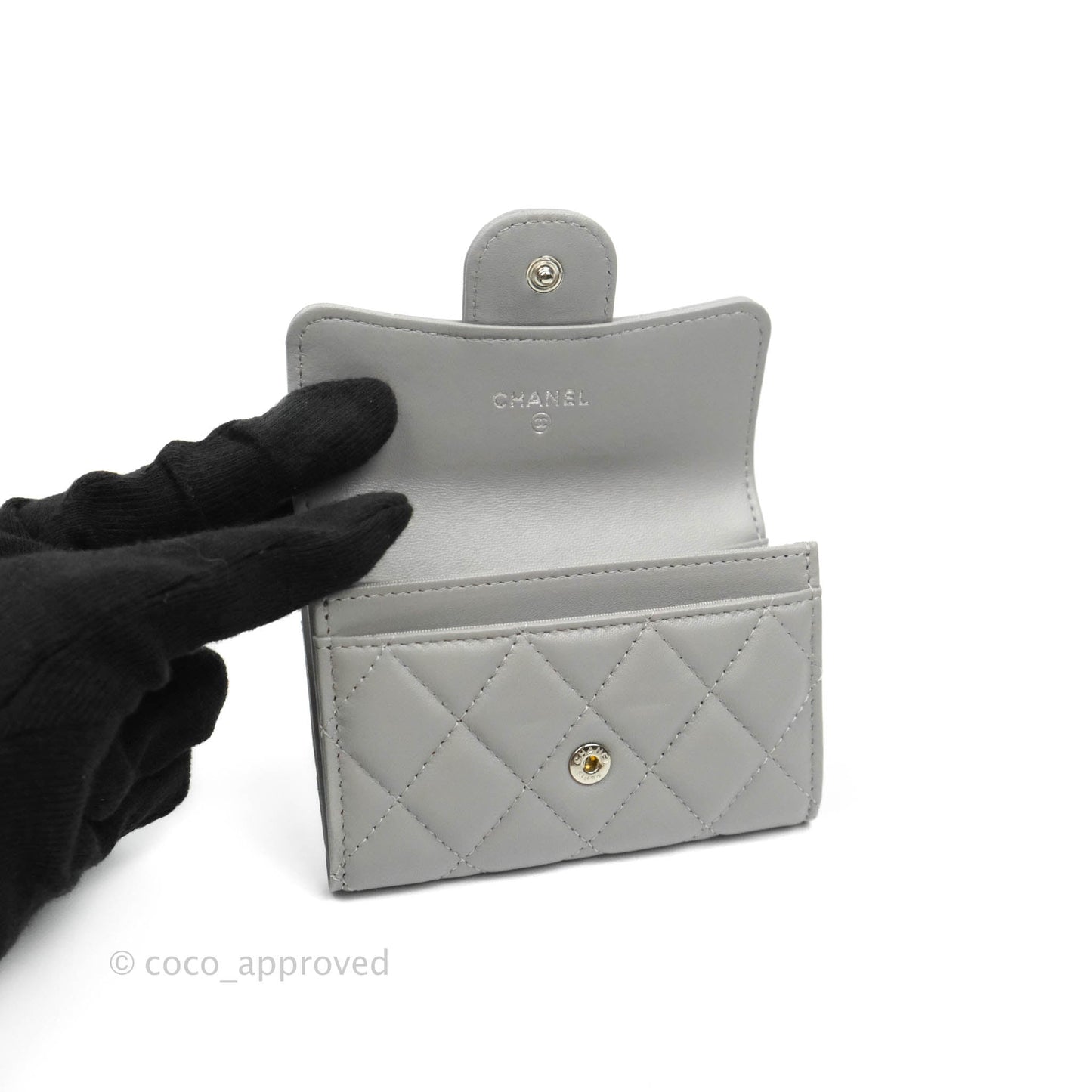 Chanel Quilted Flap Card Holder Grey Lambskin Silver Hardware