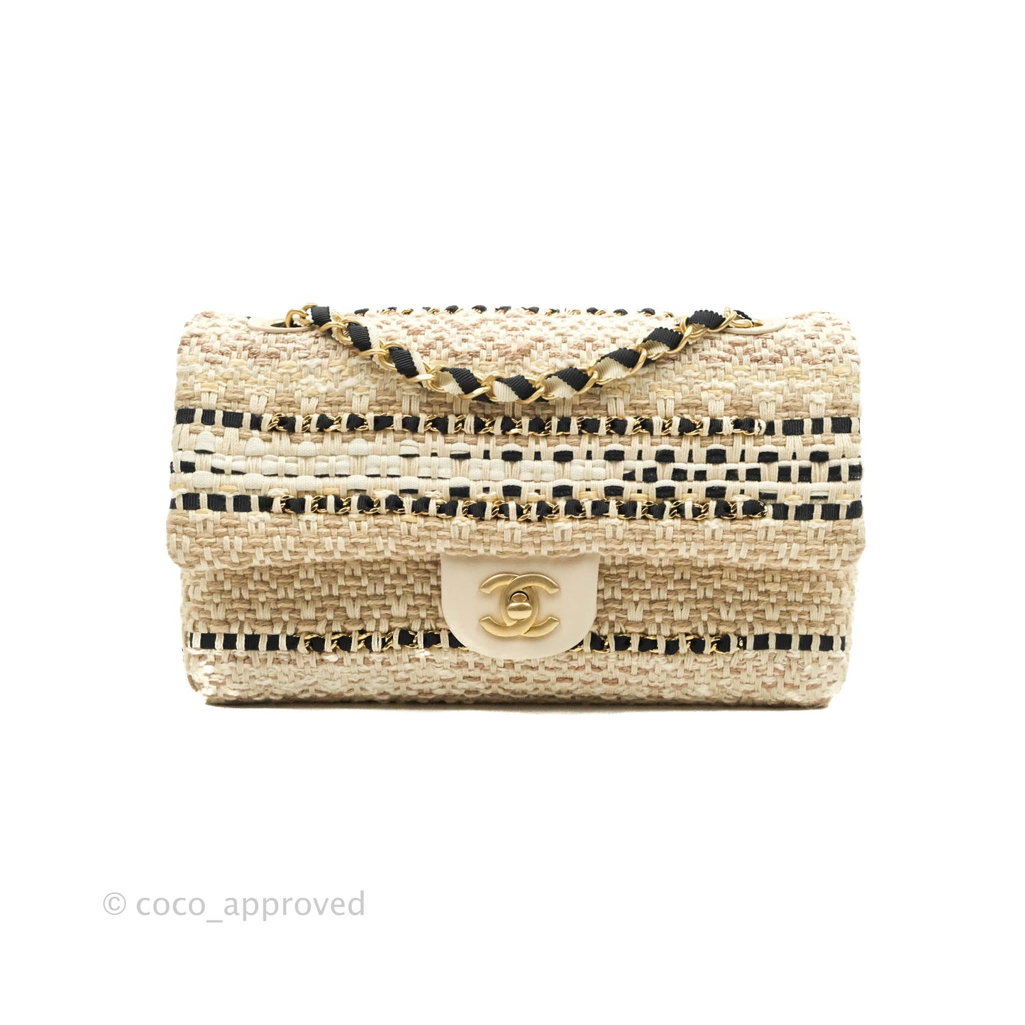 Chanel M/L Medium Flap Beige Tweed Chain Braid Aged Gold Hardware 19P