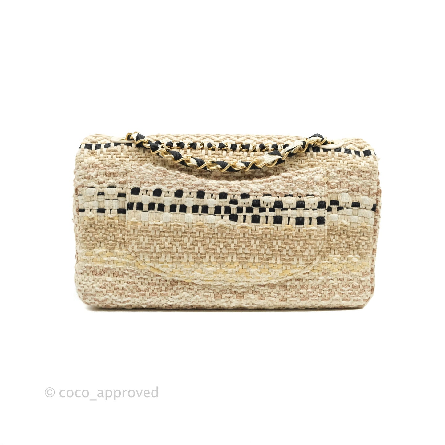 Chanel M/L Medium Flap Beige Tweed Chain Braid Aged Gold Hardware 19P