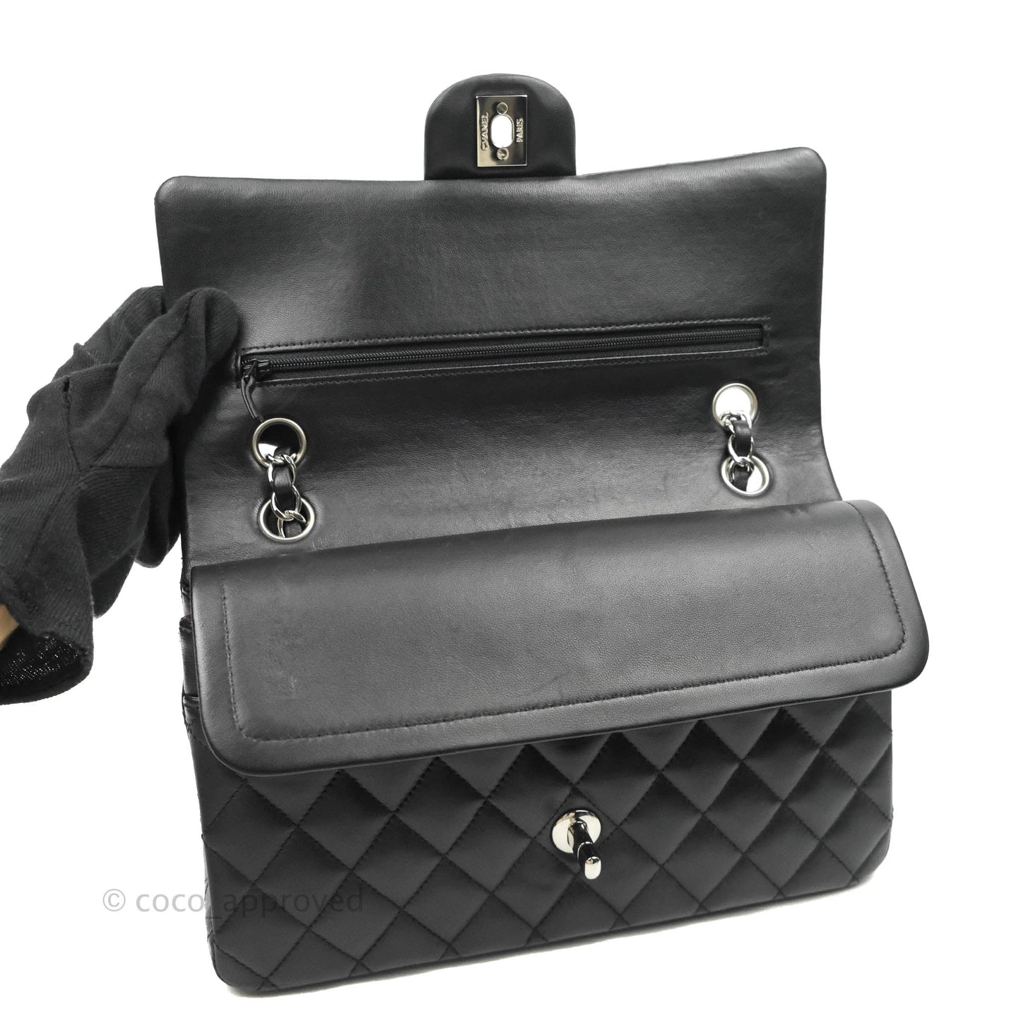 Chanel Classic M/L Medium Double Flap Black Lambskin Silver Hardware