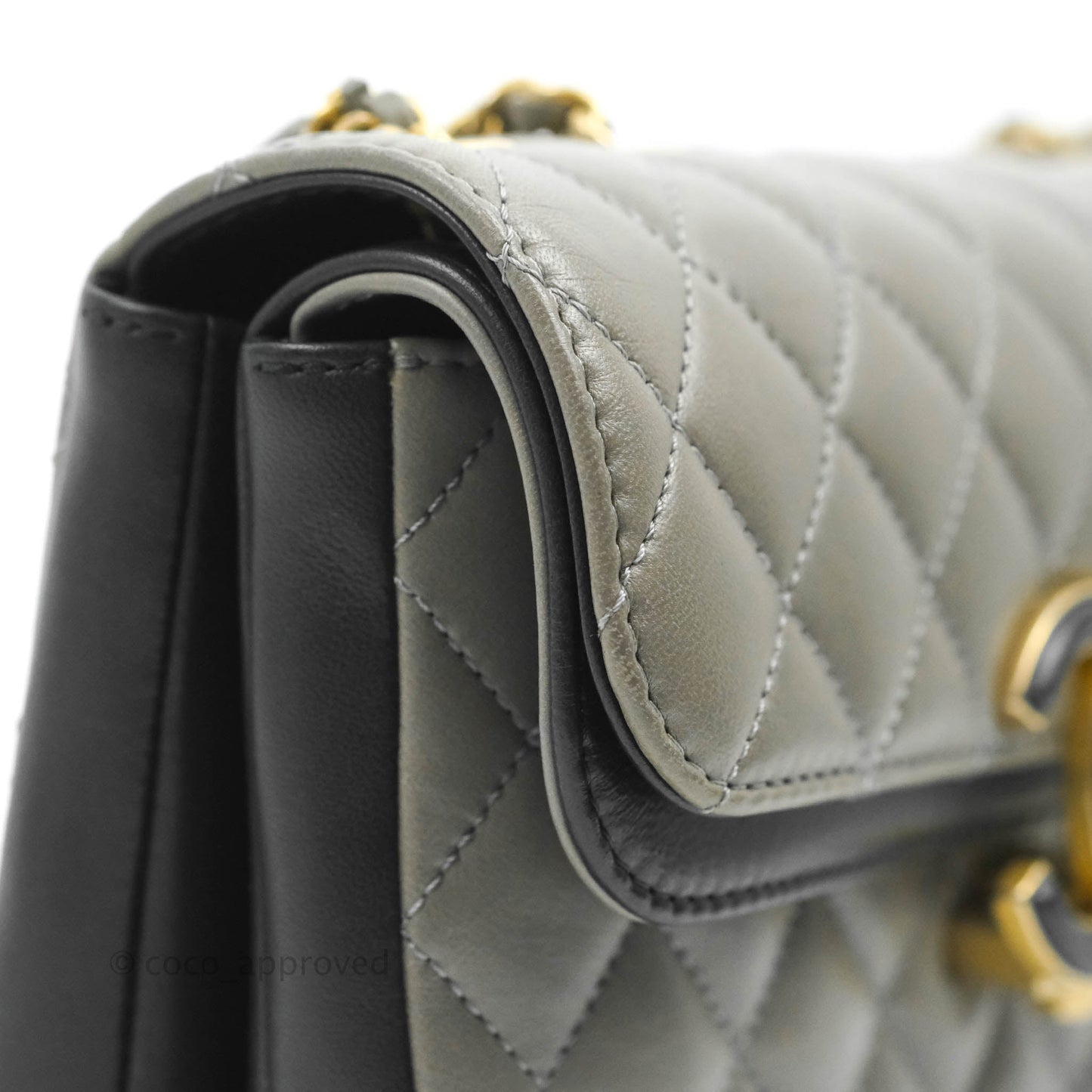 Chanel Small Enamel CC Flap Bag Quilted Grey Lambskin Aged Gold Hardware