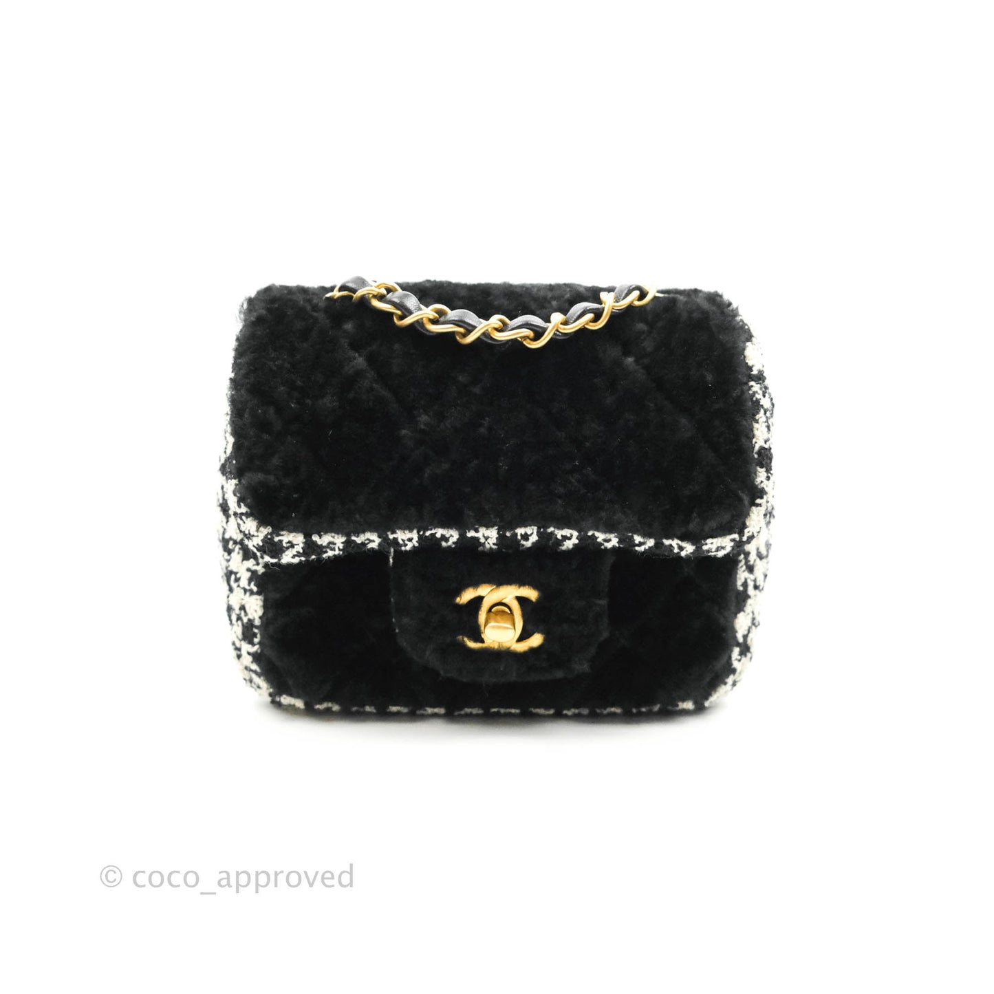 Chanel Mini Square Flap Shearling & Tweed Black & White Aged Gold Hardware 20A