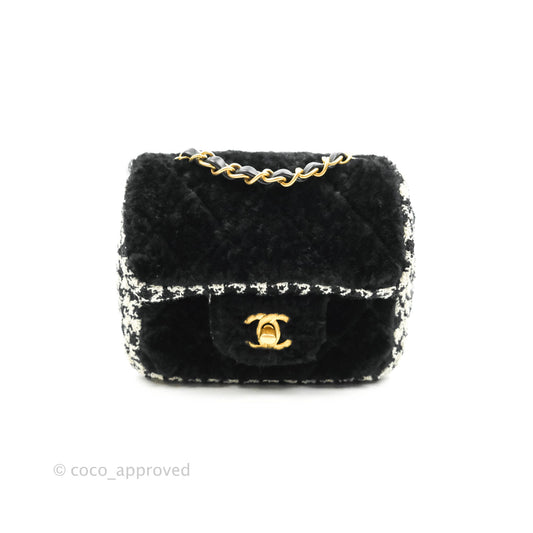Chanel Mini Square Flap Shearling & Tweed Black & White Aged Gold Hardware 20A