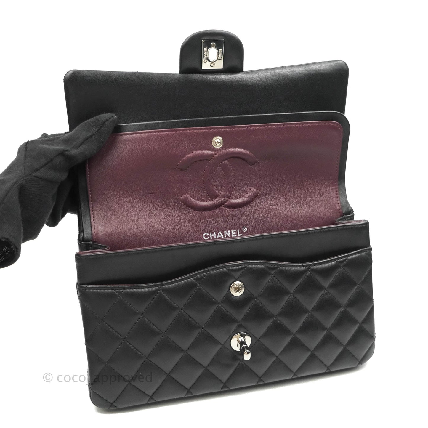 Chanel Classic M/L Medium Double Flap Black Lambskin Silver Hardware