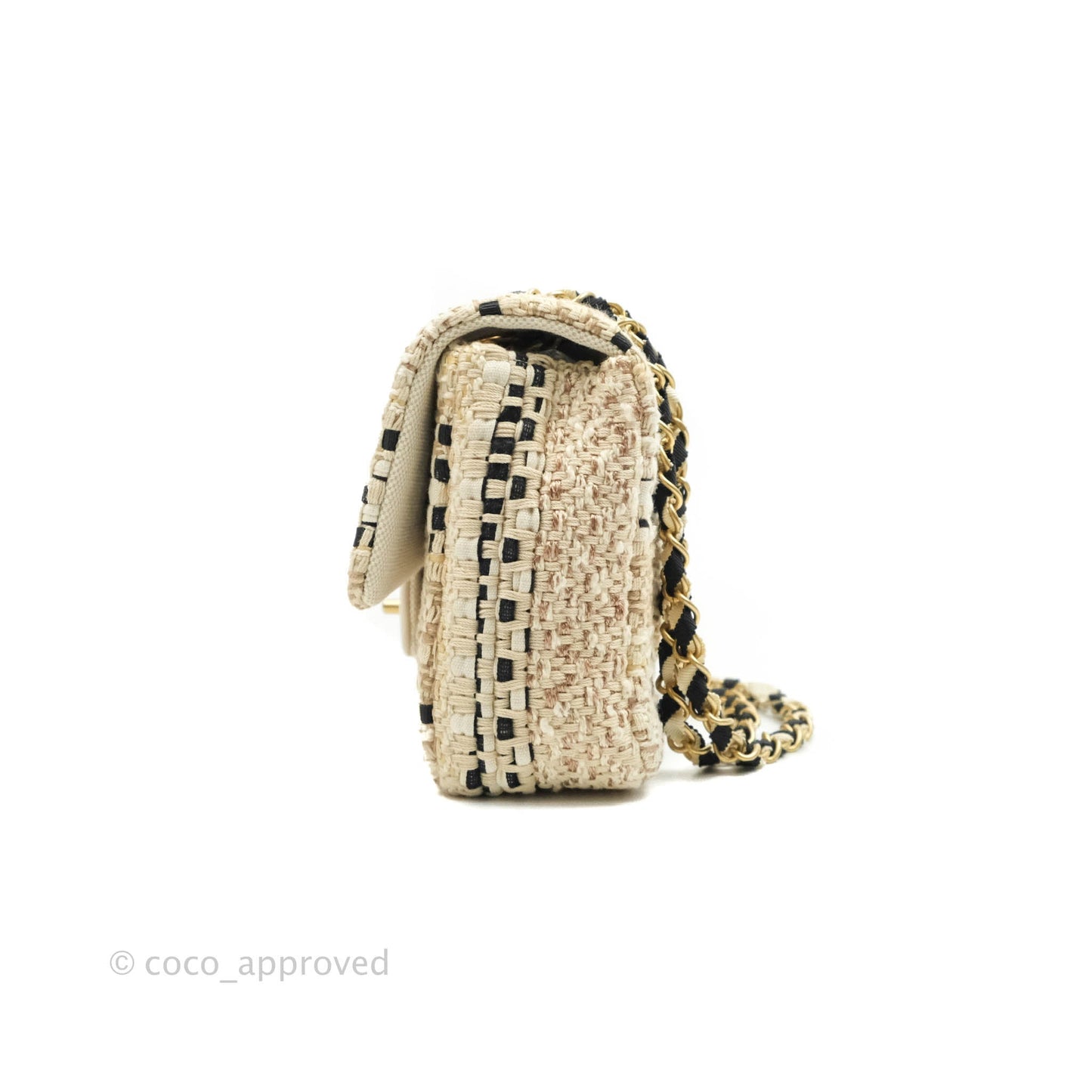 Chanel M/L Medium Flap Beige Tweed Chain Braid Aged Gold Hardware 19P