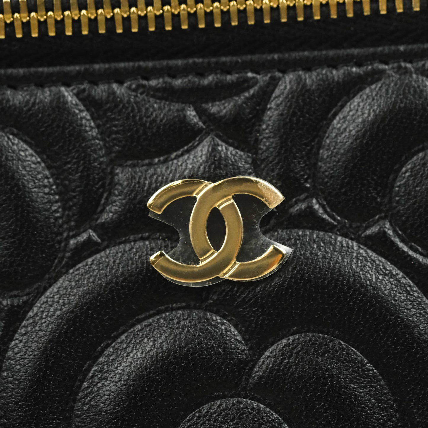Chanel Vanity Rectangular Camellia Embossed Black Lambskin Gold Hardware