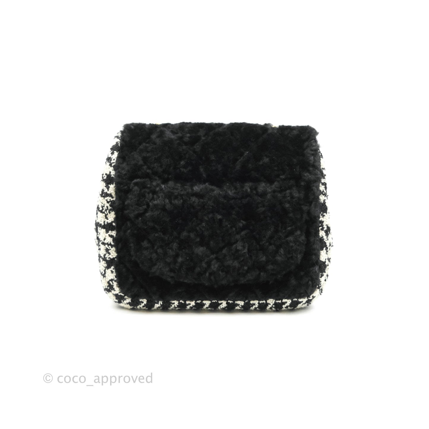 Chanel Mini Square Flap Shearling & Tweed Black & White Aged Gold Hardware 20A
