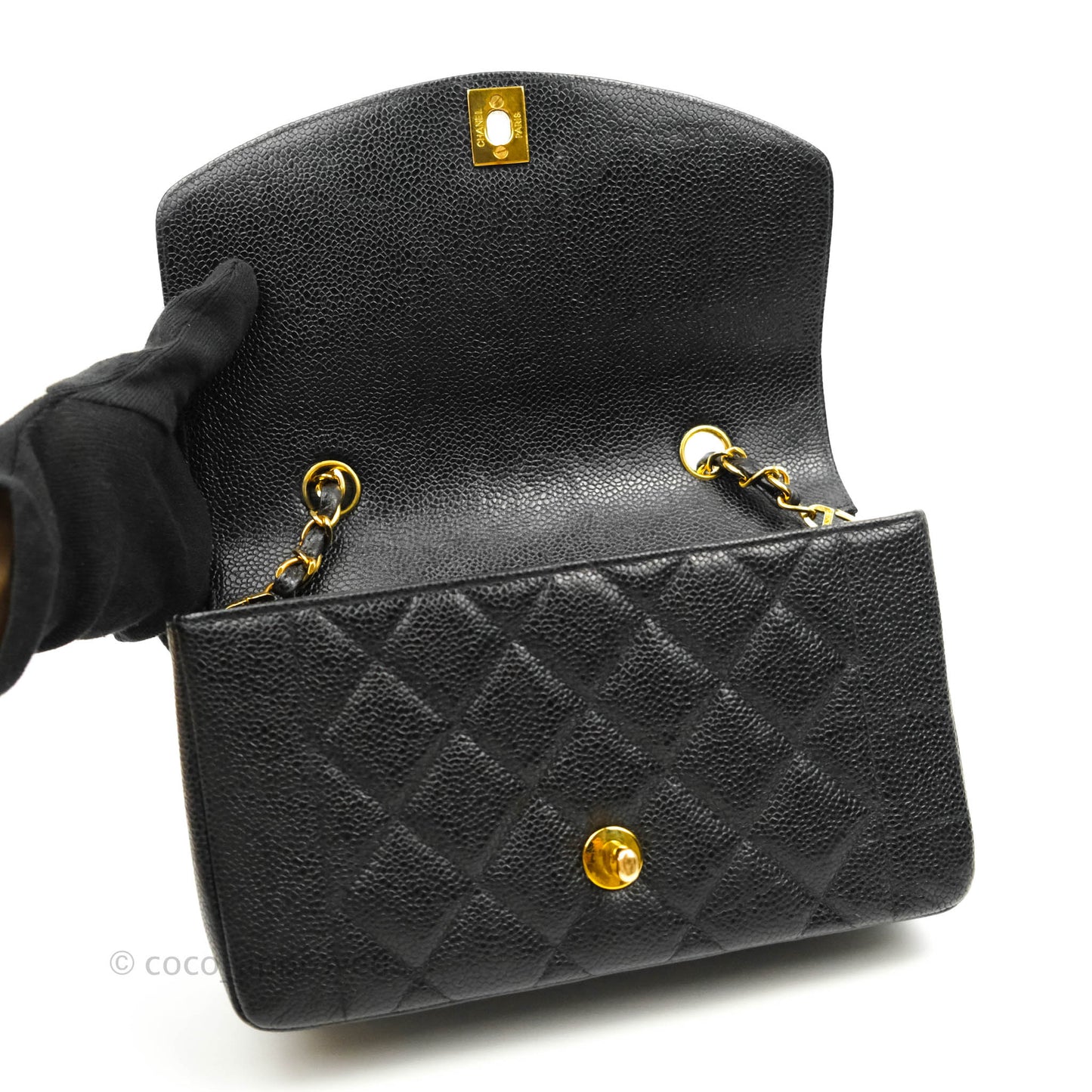 Chanel Small Vintage Quilted Classic Diana Flap Bag Black Caviar 24K Gold Hardware