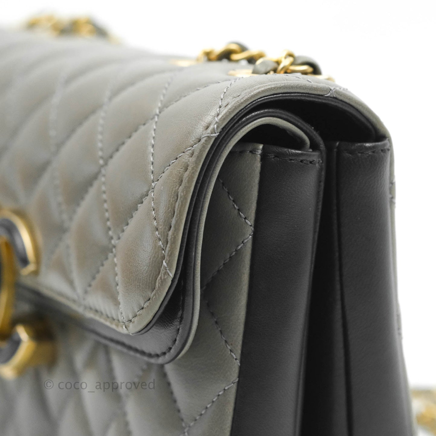 Chanel Small Enamel CC Flap Bag Quilted Grey Lambskin Aged Gold Hardware