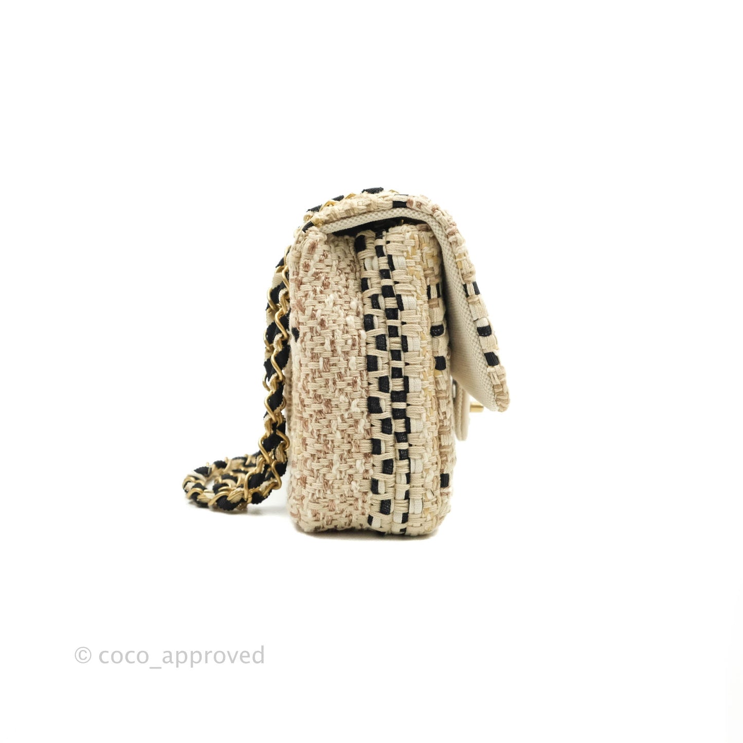 Chanel M/L Medium Flap Beige Tweed Chain Braid Aged Gold Hardware 19P