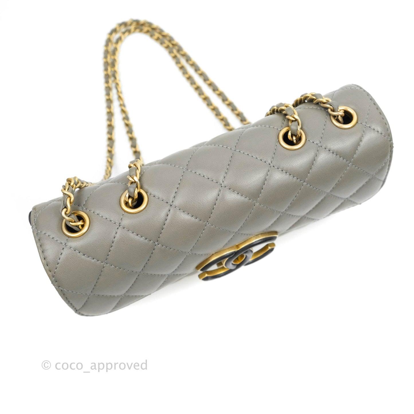 Chanel Small Enamel CC Flap Bag Quilted Grey Lambskin Aged Gold Hardware
