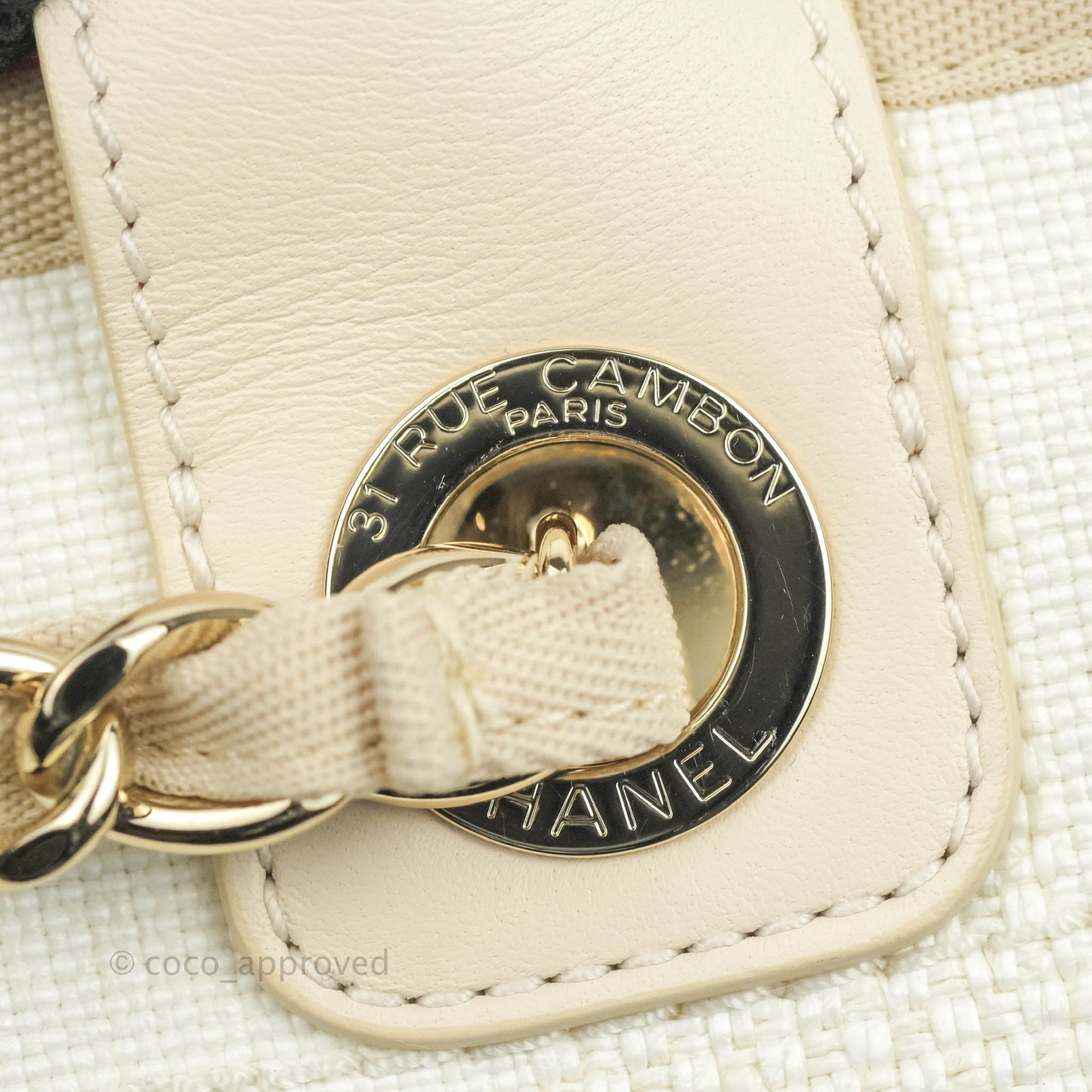 Chanel Large Deauville Light Beige Stripe Canvas Gold Hardware