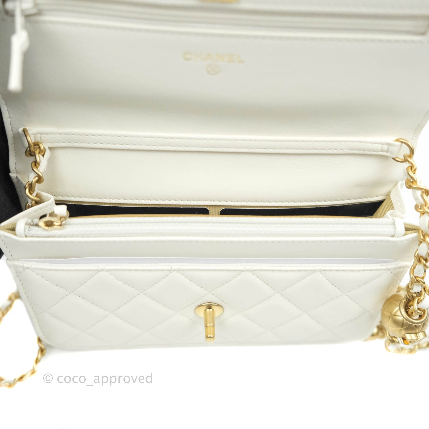 Chanel Quilted Pearl Crush Wallet on Chain WOC White Lambskin Aged Gold Hardware