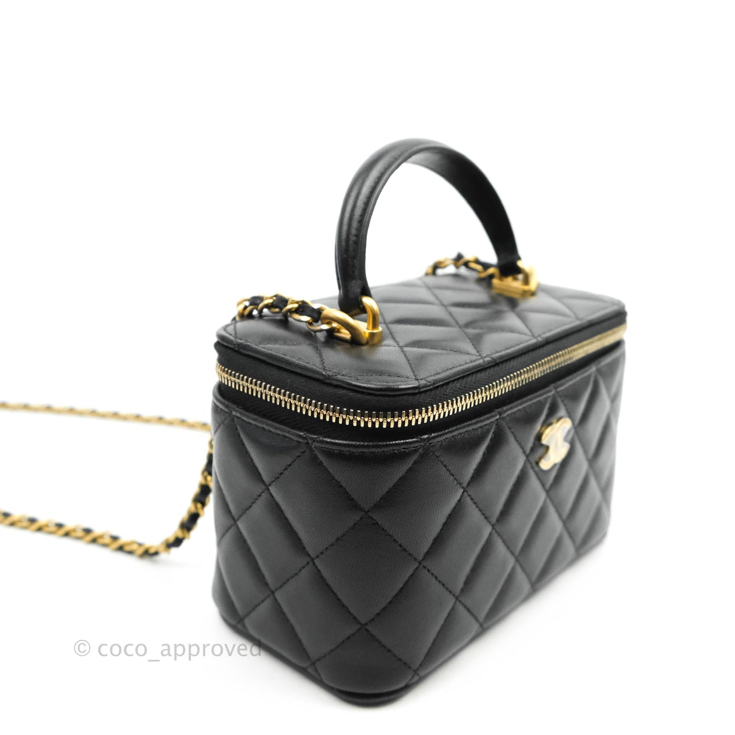 Chanel Classic Vanity Rectangular Top Handle With Chain Black Lambskin Aged Gold Hardware