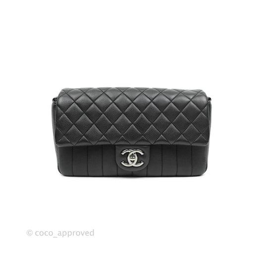 Chanel Quilted & Chevron Flap Bag Black Calfskin Gun Metal Chains Strap