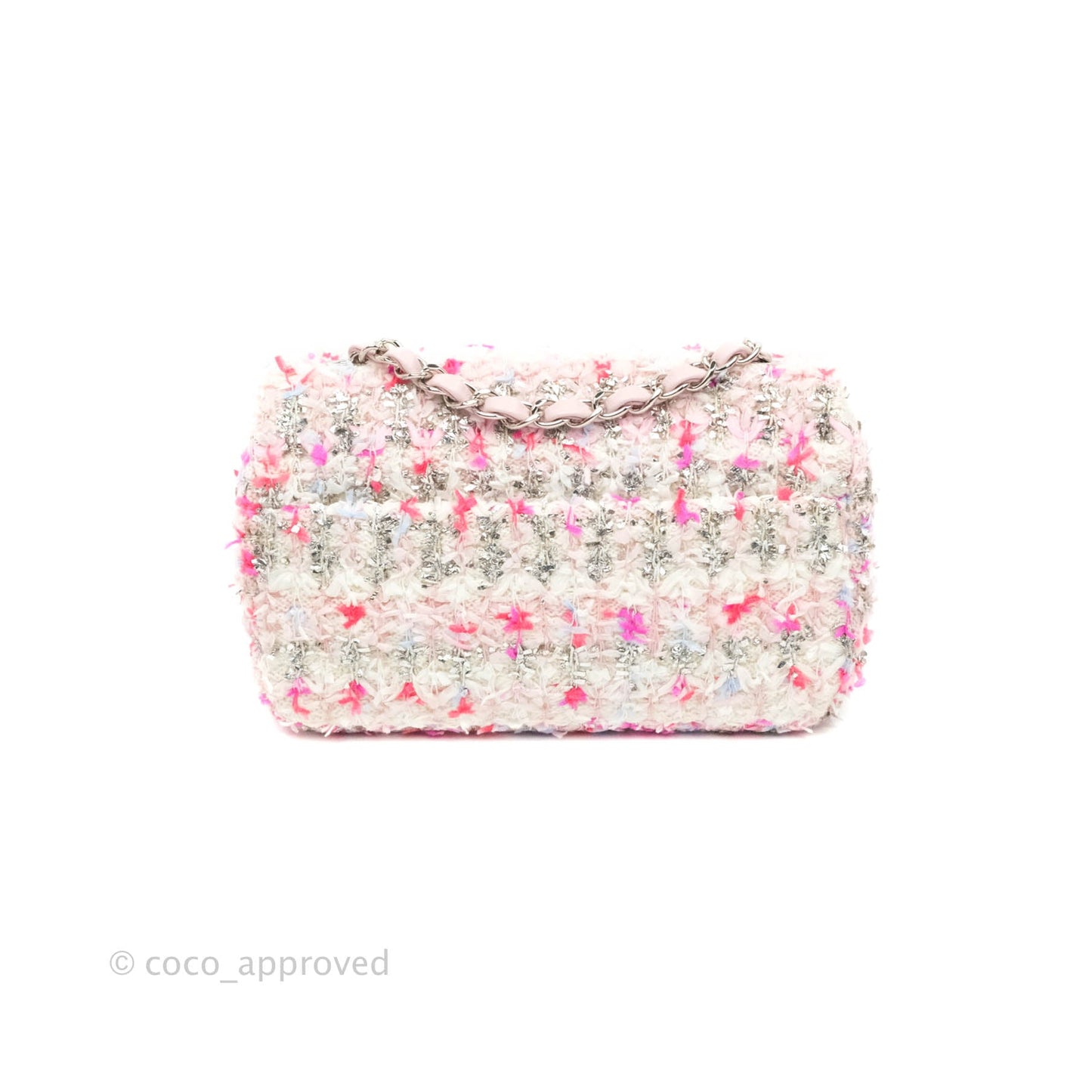 Chanel Mini Rectangular Pink Glitter Tweed Flap Silver Hardware 18S