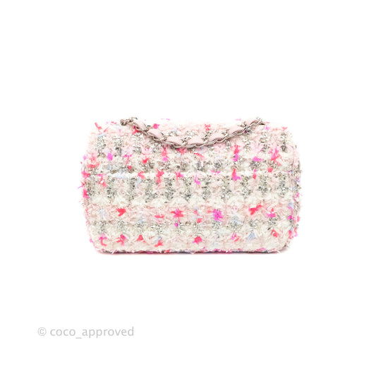 Chanel Mini Rectangular Pink Glitter Tweed Flap Silver Hardware 18S