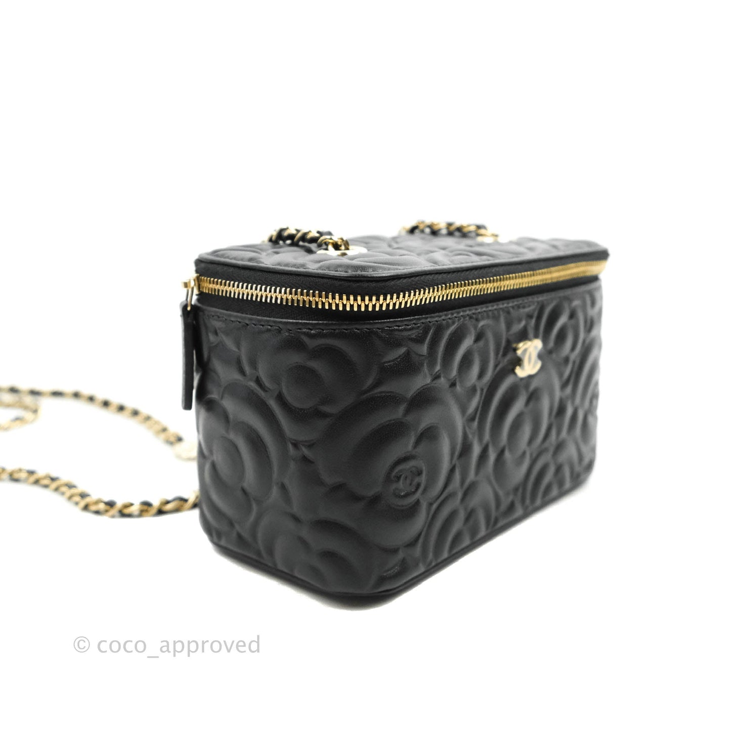 Chanel Vanity Rectangular Camellia Embossed Black Lambskin Gold Hardware