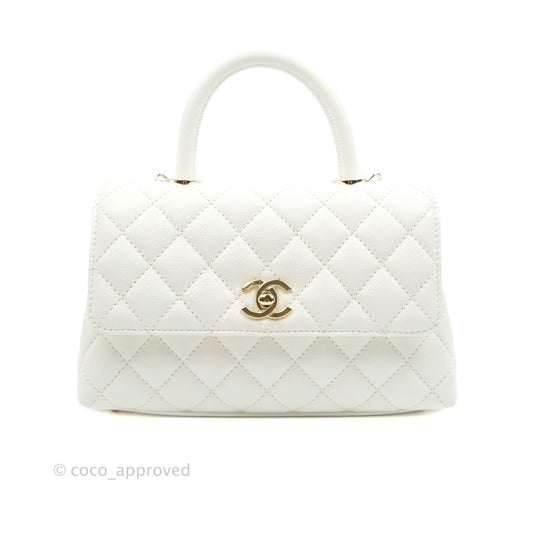 Chanel Mini (Small) Coco Handle Quilted White Caviar Gold Hardware