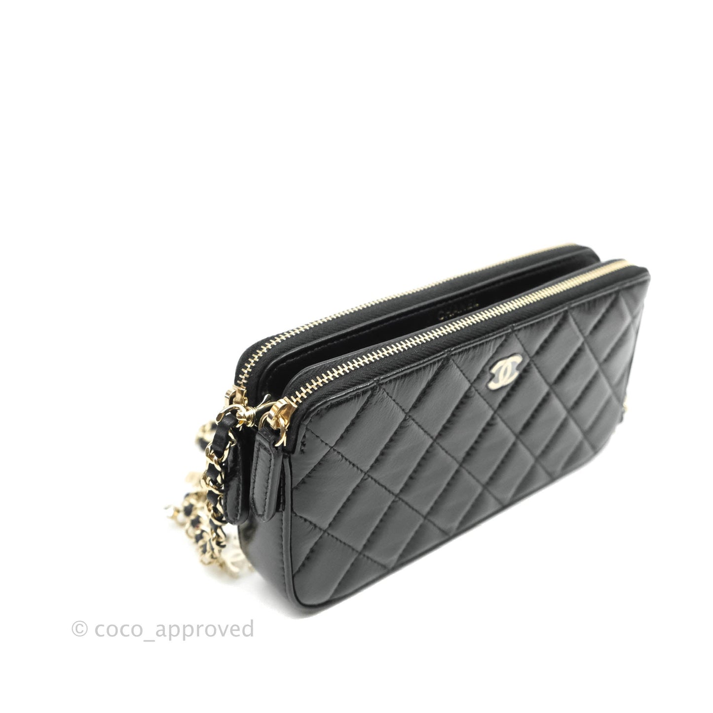 Chanel Pearl Charm Clutch With Chain Black Shiny Calfskin Gold Hardware