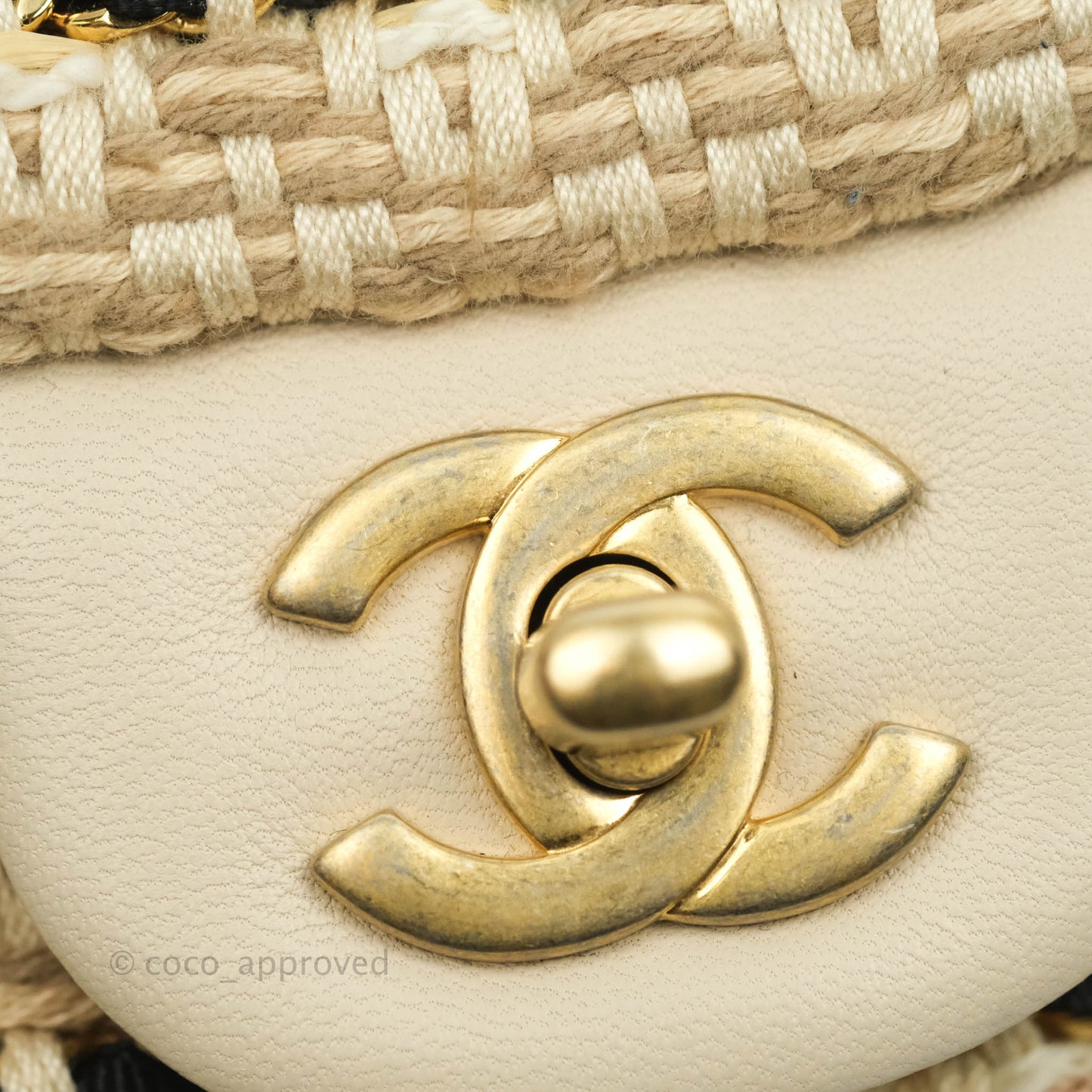 Chanel M/L Medium Flap Beige Tweed Chain Braid Aged Gold Hardware 19P