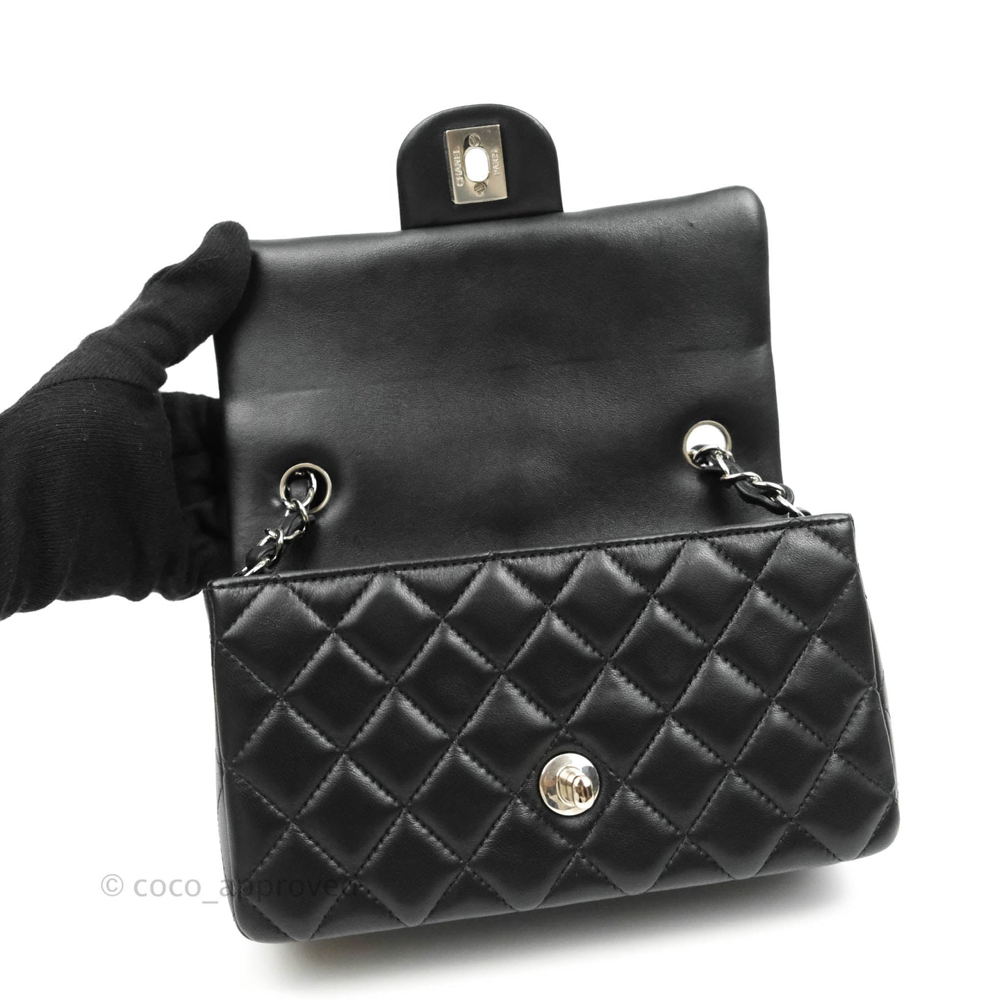 Chanel Quilted Mini Rectangular Black Lambskin Silver Hardware