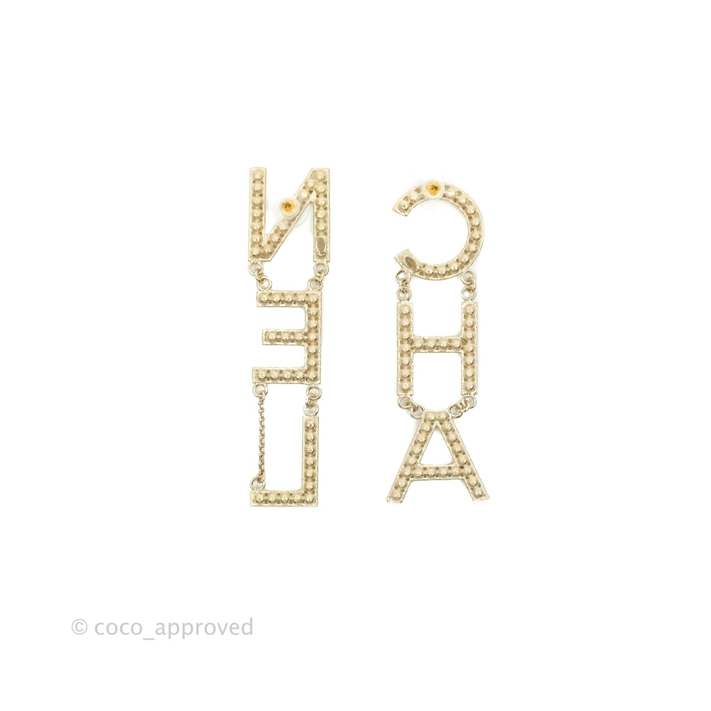 Chanel Crystal Cha-Nel Logo Drop Earrings Gold 20V