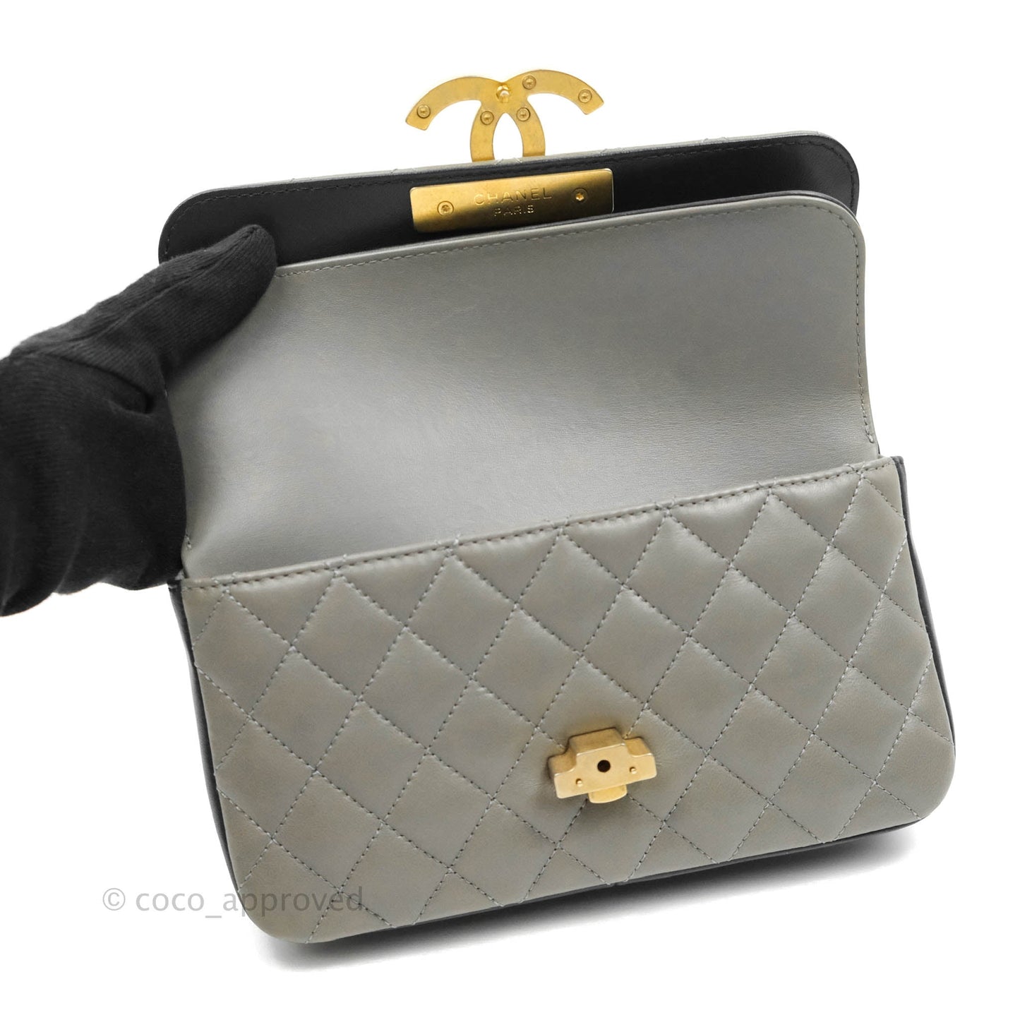 Chanel Small Enamel CC Flap Bag Quilted Grey Lambskin Aged Gold Hardware